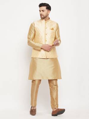 Gold And Rose Gold Silk Blend Jacket, Kurta And Pyjama Set 1