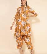 Janasya women's mustard moss digital floral printed kurta with salwar pant