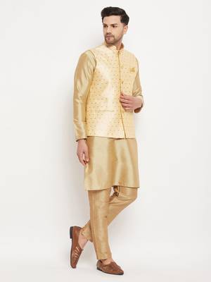 Gold And Rose Gold Silk Blend Jacket, Kurta And Pyjama Set 2