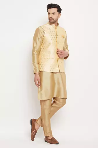 Gold And Rose Gold Silk Blend Jacket, Kurta And Pyjama Set