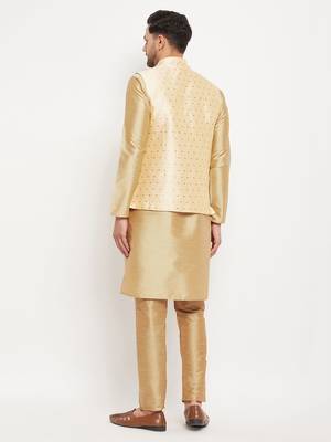 Gold And Rose Gold Silk Blend Jacket, Kurta And Pyjama Set 3