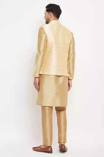 Gold And Rose Gold Silk Blend Jacket, Kurta And Pyjama Set