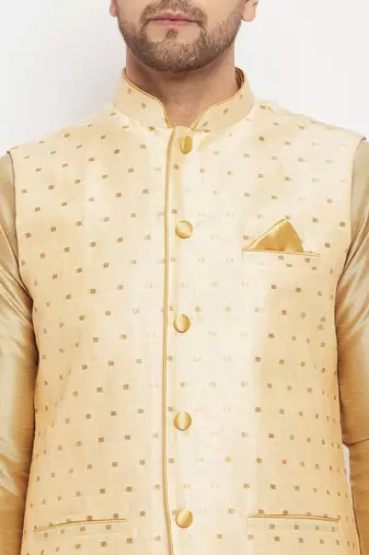 Gold And Rose Gold Silk Blend Jacket, Kurta And Pyjama Set