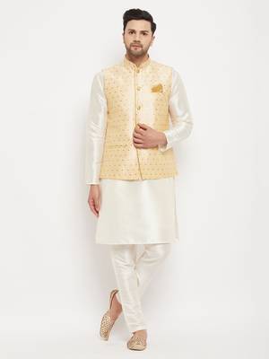 Cream And Gold Silk Blend Jacket, Kurta And Pyjama Set 1