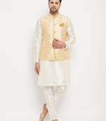 Cream And Gold Silk Blend Jacket, Kurta And Pyjama Set