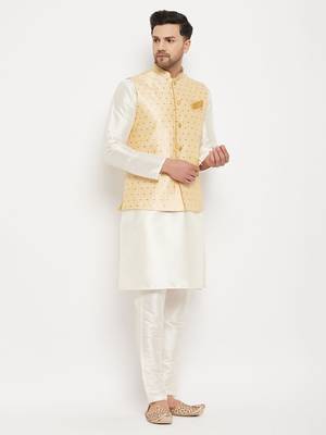 Cream And Gold Silk Blend Jacket, Kurta And Pyjama Set 2