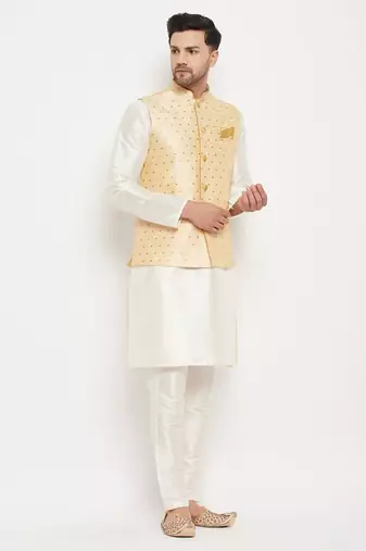 Cream And Gold Silk Blend Jacket, Kurta And Pyjama Set