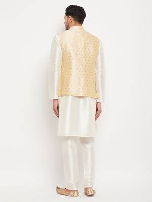 Cream And Gold Silk Blend Jacket, Kurta And Pyjama Set 3