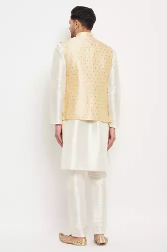 Cream And Gold Silk Blend Jacket, Kurta And Pyjama Set