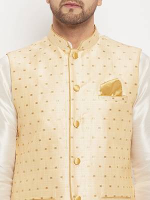 Cream And Gold Silk Blend Jacket, Kurta And Pyjama Set 4