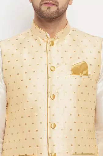 Cream And Gold Silk Blend Jacket, Kurta And Pyjama Set