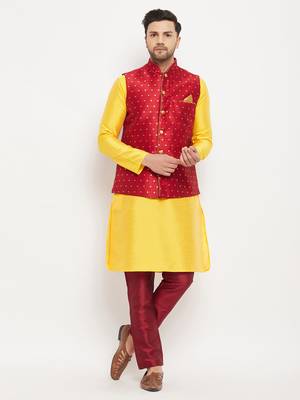 Yellow And Maroon Silk Blend Jacket, Kurta And Pyjama Set 1