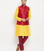 Yellow And Maroon Silk Blend Jacket, Kurta And Pyjama Set
