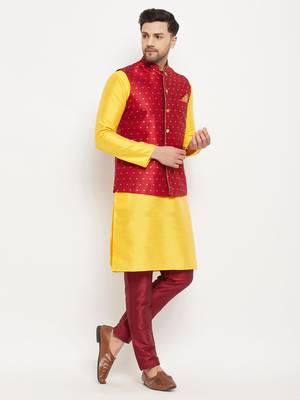 Yellow And Maroon Silk Blend Jacket, Kurta And Pyjama Set 2