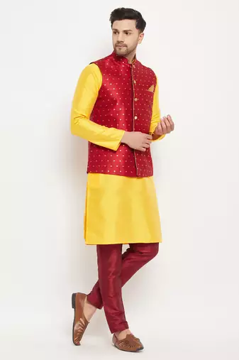 Yellow And Maroon Silk Blend Jacket, Kurta And Pyjama Set