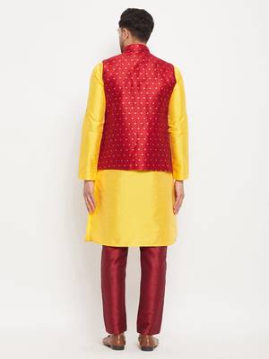 Yellow And Maroon Silk Blend Jacket, Kurta And Pyjama Set 3