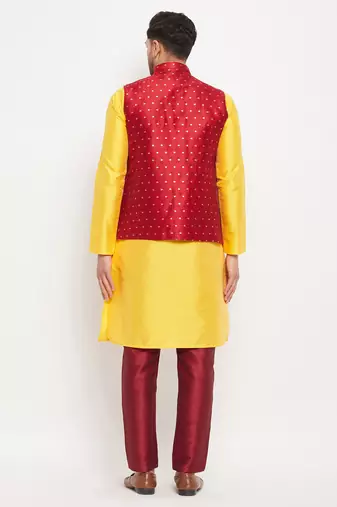 Yellow And Maroon Silk Blend Jacket, Kurta And Pyjama Set