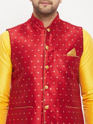 Yellow And Maroon Silk Blend Jacket, Kurta And Pyjama Set 4