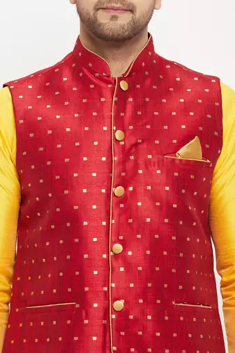 Yellow And Maroon Silk Blend Jacket, Kurta And Pyjama Set