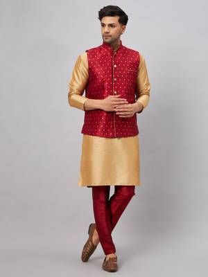 Rose Gold And Maroon Silk Blend Jacket, Kurta And Pyjama Set 1