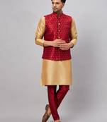 Men'S Rose Gold And Maroon Silk Blend Jacket, Kurta And Pyjama Set