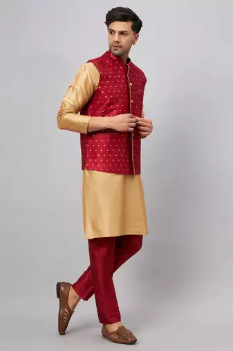 Rose Gold And Maroon Silk Blend Jacket, Kurta And Pyjama Set