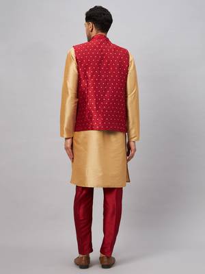 Rose Gold And Maroon Silk Blend Jacket, Kurta And Pyjama Set 3