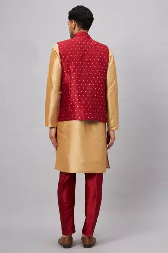 Rose Gold And Maroon Silk Blend Jacket, Kurta And Pyjama Set