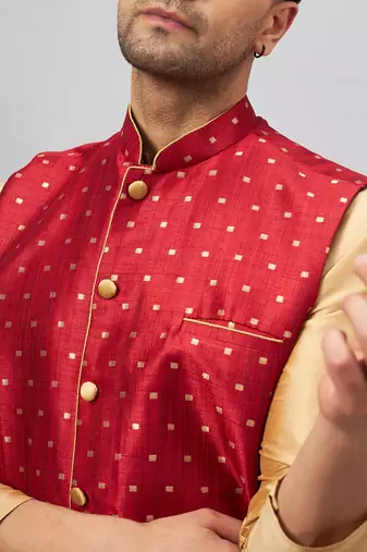 Rose Gold And Maroon Silk Blend Jacket, Kurta And Pyjama Set