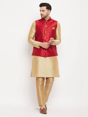 Rose Gold And Maroon Silk Blend Jacket, Kurta And Pyjama Set 1