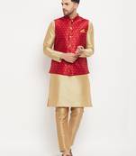 Rose Gold And Maroon Silk Blend Jacket, Kurta And Pyjama Set