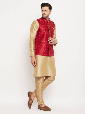 Rose Gold And Maroon Silk Blend Jacket, Kurta And Pyjama Set 2