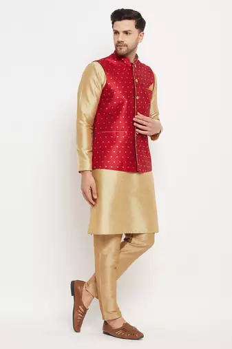 Rose Gold And Maroon Silk Blend Jacket, Kurta And Pyjama Set