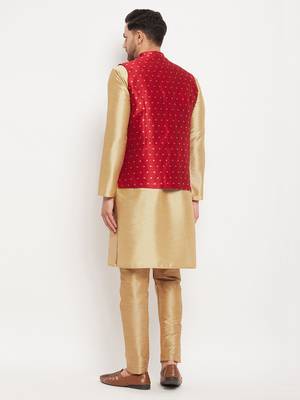 Rose Gold And Maroon Silk Blend Jacket, Kurta And Pyjama Set 3