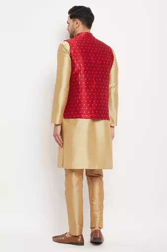 Rose Gold And Maroon Silk Blend Jacket, Kurta And Pyjama Set