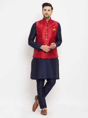 Navy Blue And Maroon Silk Blend Jacket, Kurta And Pyjama Set 1
