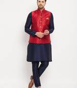 Men'S Navy Blue And Maroon Silk Blend Jacket, Kurta And Pyjama Set