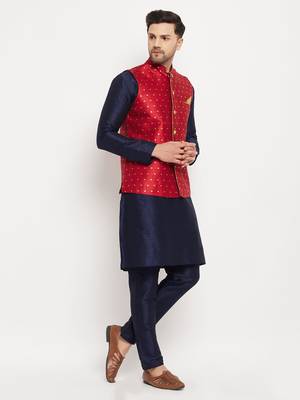 Navy Blue And Maroon Silk Blend Jacket, Kurta And Pyjama Set 2