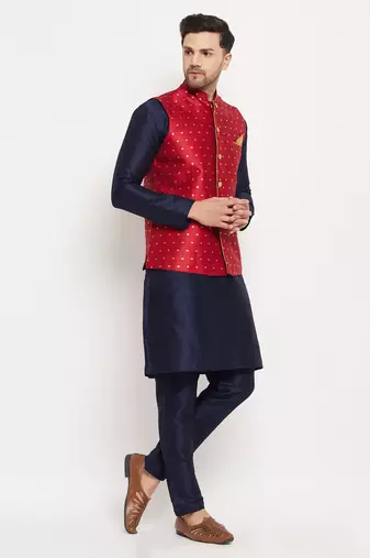 Navy Blue And Maroon Silk Blend Jacket, Kurta And Pyjama Set