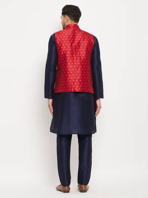 Navy Blue And Maroon Silk Blend Jacket, Kurta And Pyjama Set 3