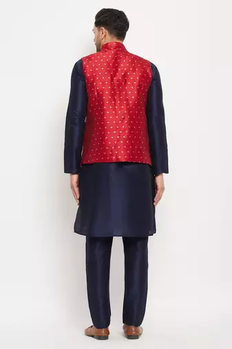 Navy Blue And Maroon Silk Blend Jacket, Kurta And Pyjama Set