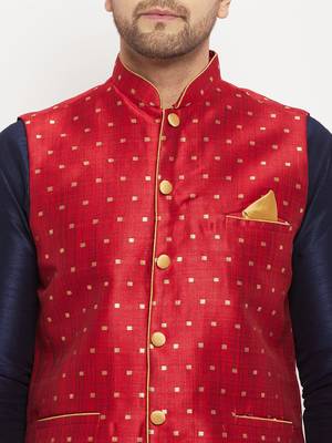 Navy Blue And Maroon Silk Blend Jacket, Kurta And Pyjama Set 4