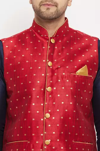 Navy Blue And Maroon Silk Blend Jacket, Kurta And Pyjama Set