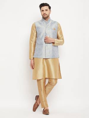 Grey And Rose Gold Silk Blend Jacket, Kurta And Pyjama Set 1