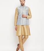 Grey And Rose Gold Silk Blend Jacket, Kurta And Pyjama Set