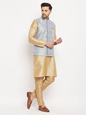 Grey And Rose Gold Silk Blend Jacket, Kurta And Pyjama Set 2