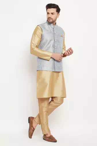 Grey And Rose Gold Silk Blend Jacket, Kurta And Pyjama Set