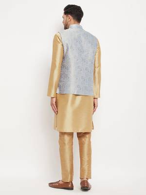 Grey And Rose Gold Silk Blend Jacket, Kurta And Pyjama Set 3