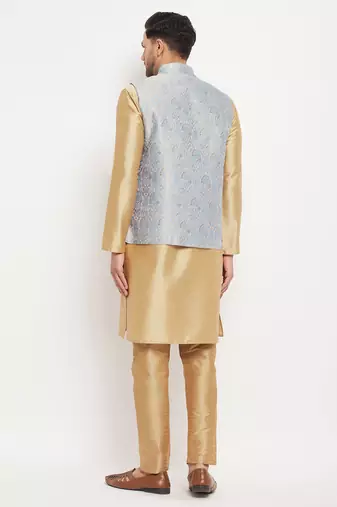 Grey And Rose Gold Silk Blend Jacket, Kurta And Pyjama Set