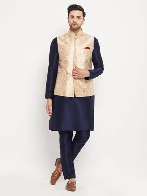 Navy Blue And Rose Gold Silk Blend Jacket, Kurta And Pyjama Set 1